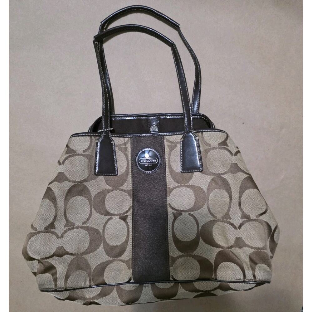 Vintage Coach Signature Stripe Framed Carryall Bag Y2K Kiss-Lock Satchel F17424